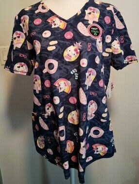 NWT. Hello Kitty Navy Scrub Top. Ethical Fabric. Ultra Soft. Stretch. Ladies M